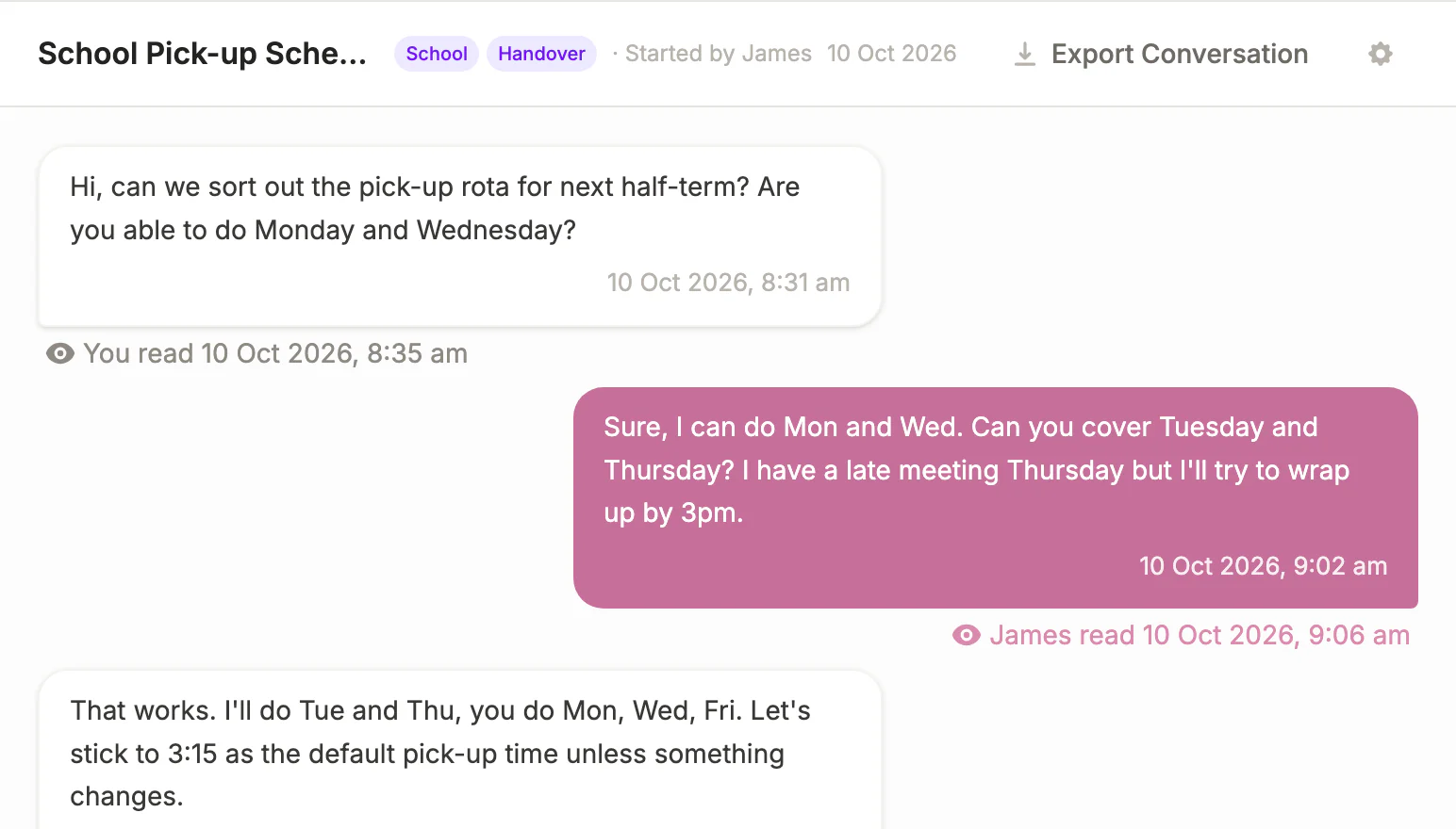 A conversation about the school pick-up rota, with timestamps, read receipts and an Export Conversation button