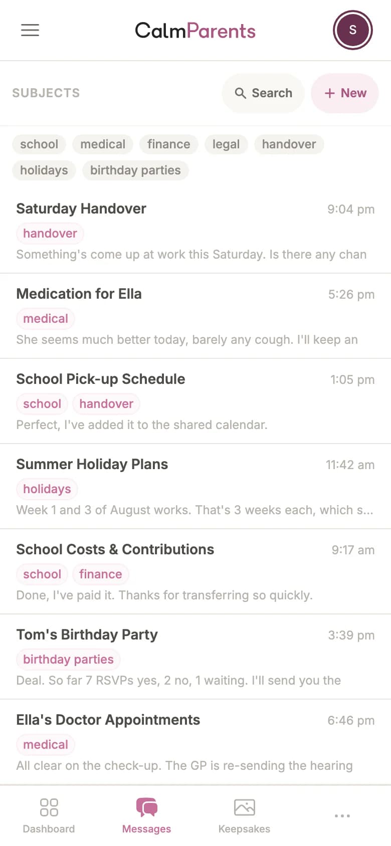 CalmParents on a phone: the subjects list, with threads for school pick-ups, medication, holidays and costs